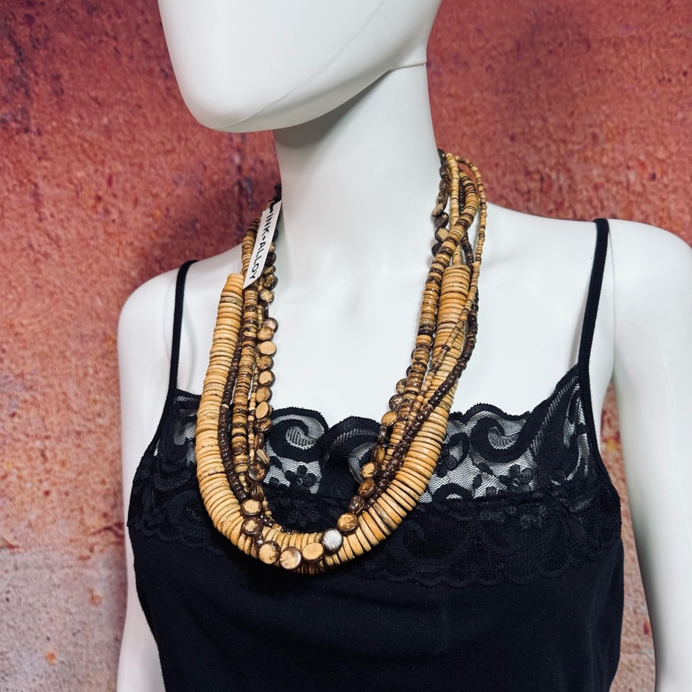 NWT Ink & Alloy Coconut Shell, Wood & African Brass Beaded Necklace